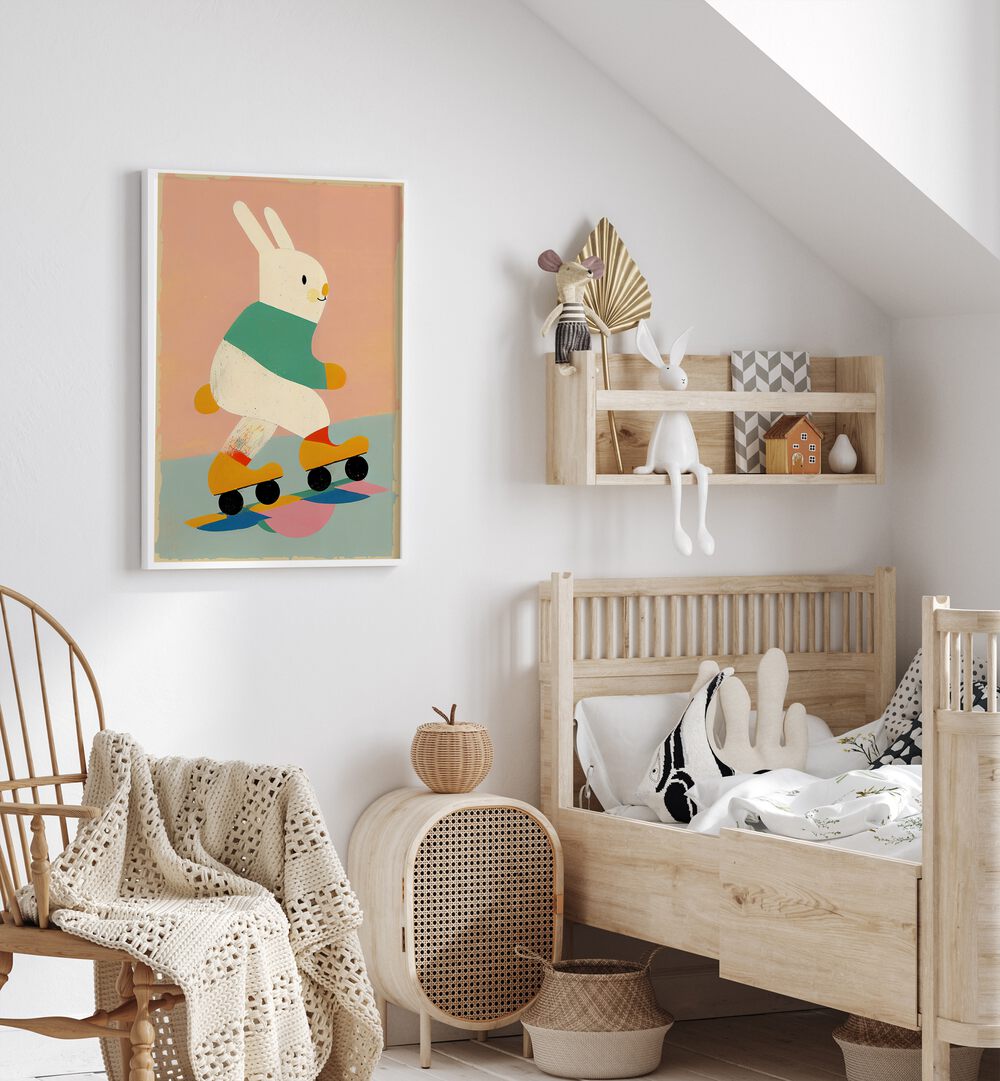 Skating Bunny By Treechild Kids Room Paintings in White Plain Frame placed on a White Colored Wall near a Bed in the Kids Room