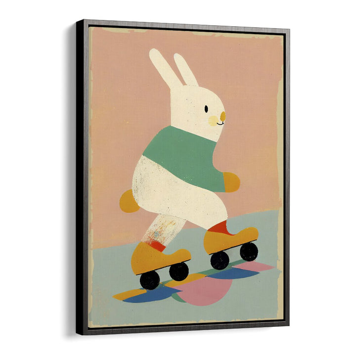 Skating Bunny by Treechild Kids Room Paintings in Black Floater Frame