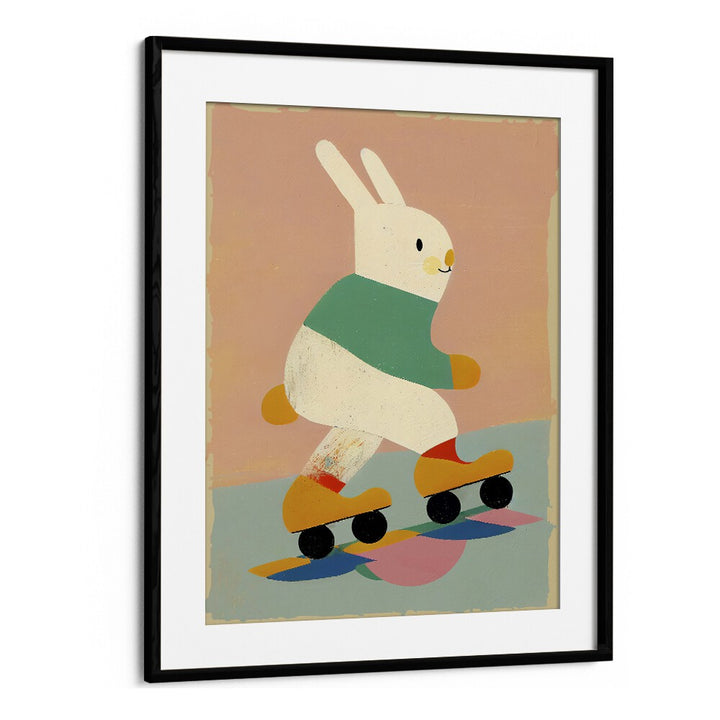 Skating Bunny by Treechild Kids Room Paintings in Black Frame With Mount