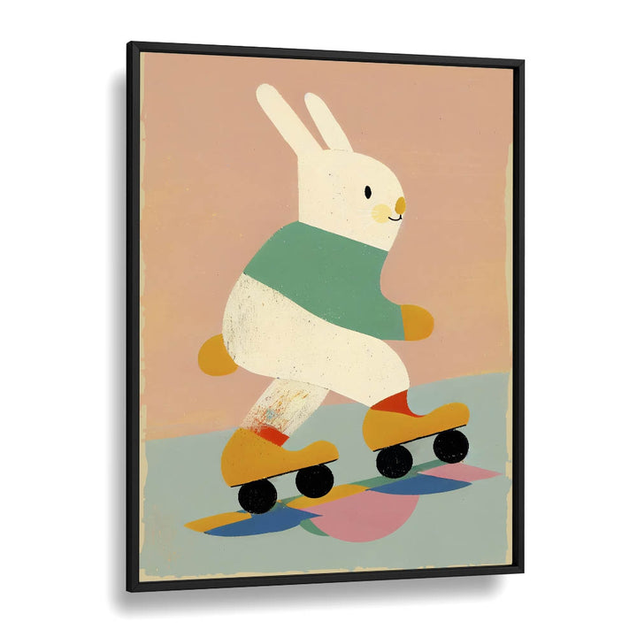 Skating Bunny by Treechild Kids Room Paintings in Black Plain Frame