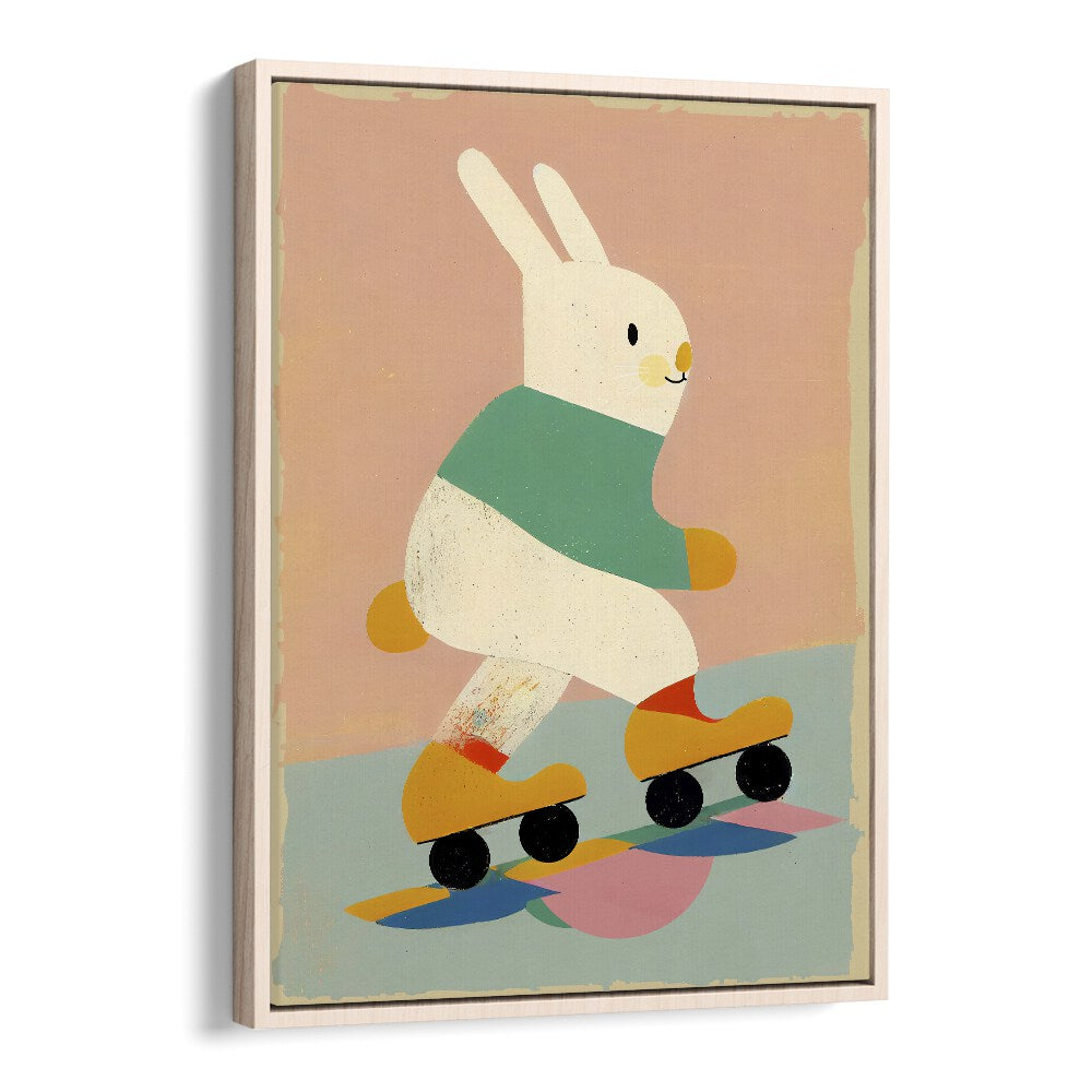 Skating Bunny by Treechild Kids Room Paintings in Oak Wood Floater Frame