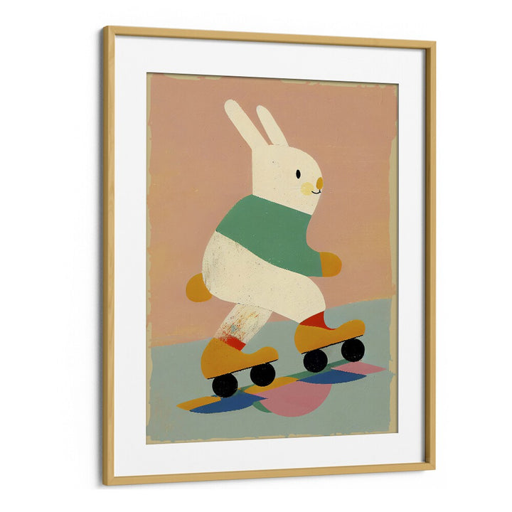 Skating Bunny by Treechild Kids Room Paintings in Oak Wood Frame With Mount