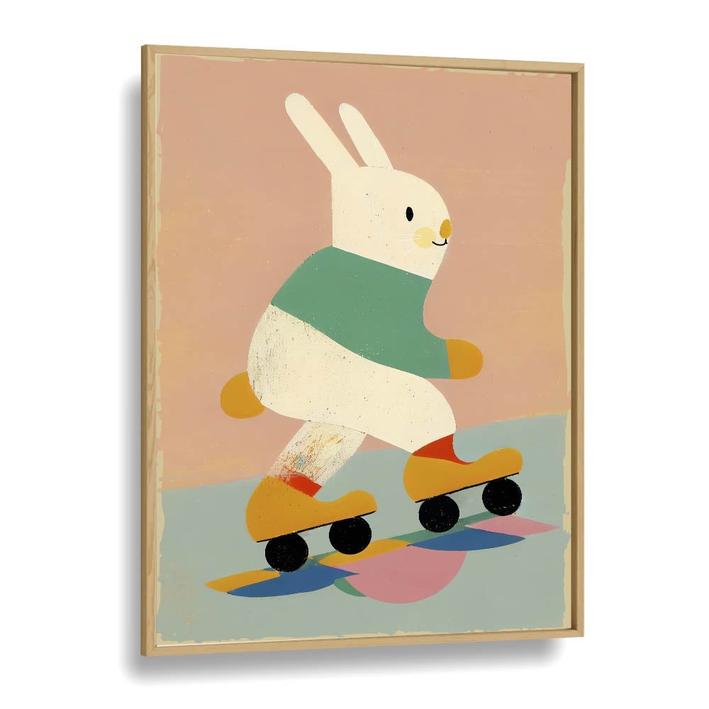 Skating Bunny by Treechild Kids Room Paintings in Oak Wood Plain Frame