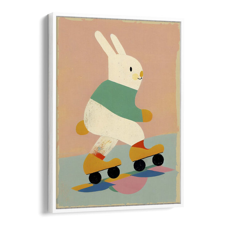 Skating Bunny by Treechild Kids Room Paintings in White Floater Frame