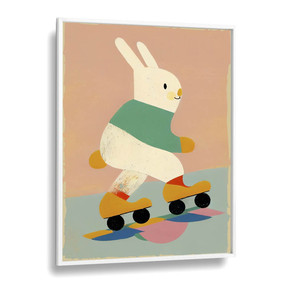 Skating Bunny by Treechild Kids Room Paintings in White Plain Frame