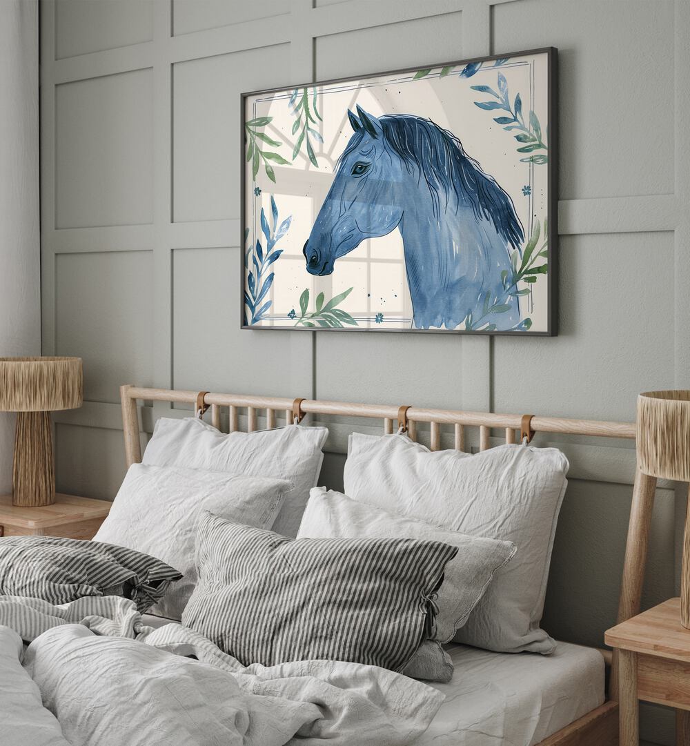 Sky Stallion Kids Room Paintings Kids Room Wall Art in Black Plain Frame placed on a bedroom wall behind a bed