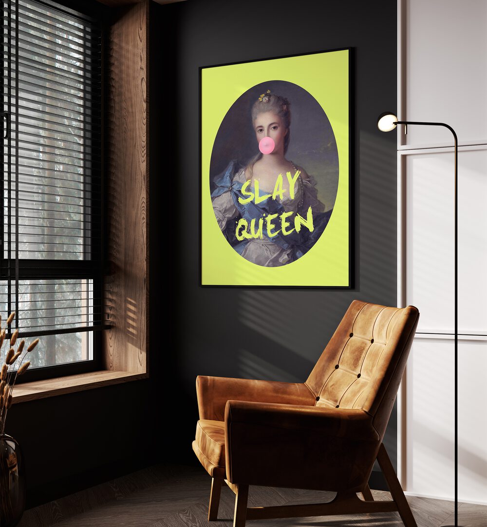 Slay Queen By Grace Digital Art Co Altered Art Prints in Black Plain Frame placed on a wall beside an orange sofa and a window