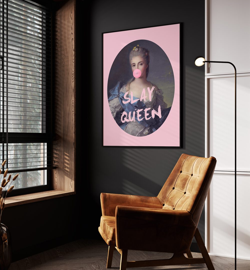 Slay Queen Iv By Grace Digital Art Co Altered Art Prints in Black Plain Frame placed on a wall beside an orange sofa and a window