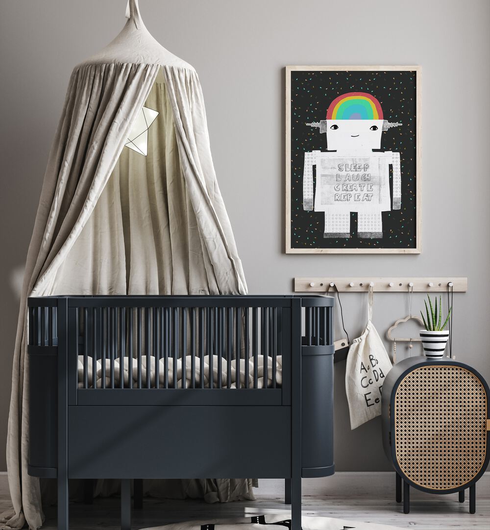 Sleep Laugh Create Repeat By Treechild Kids Room Paintings in Oak Wood Plain Frame placed on a Grey Colored Wall in the Kids Room