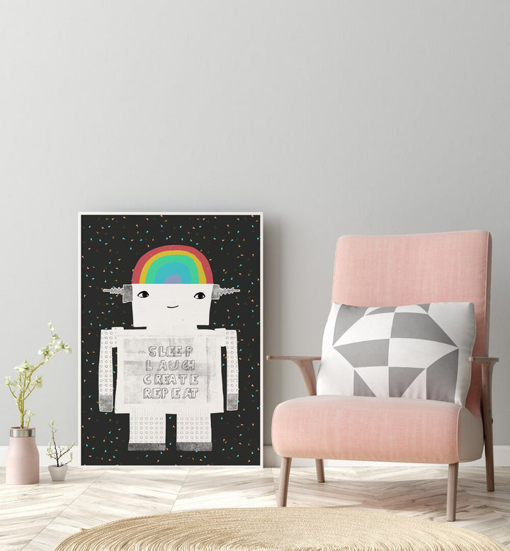 Sleep Laugh Create Repeat By Treechild Kids Room Paintings in White Plain Frame placed on the floor near a Grey Colored Wall in the Drawing Room