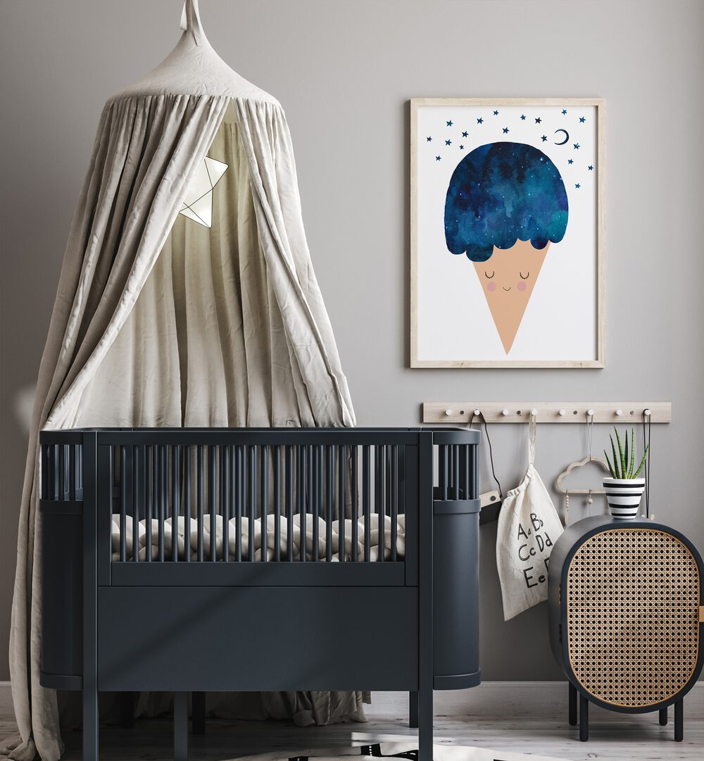 Sleep Well By Treechild Kids Room Paintings in Oak Wood Plain Frame placed on a Grey Colored Wall in the Kids Room