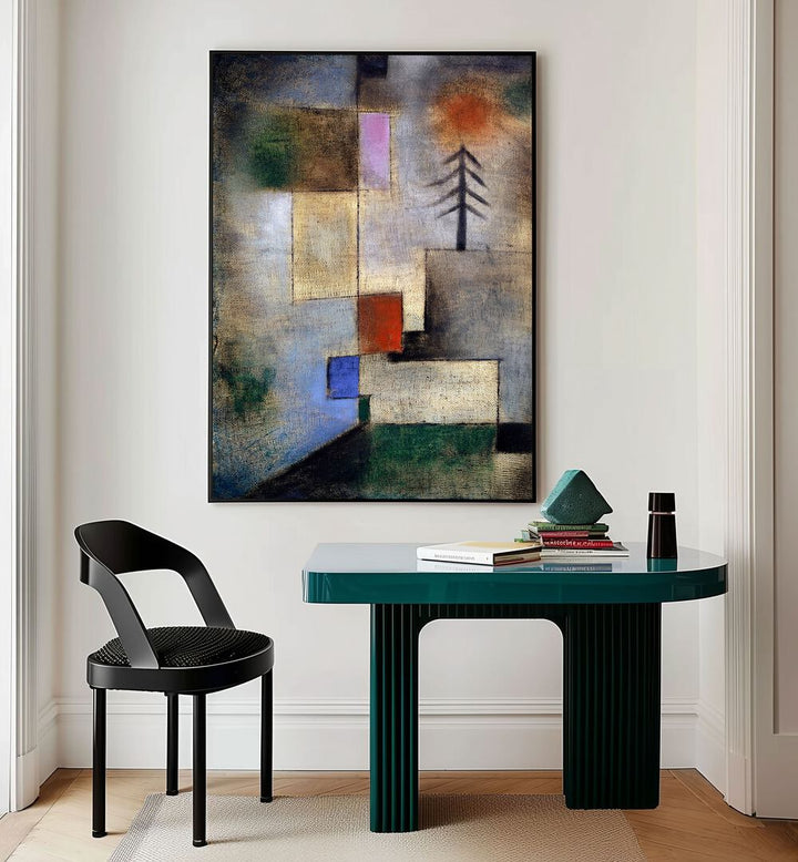 Small Fir Picture 1922 Vintage Paintings in Black Plain Frame placed on a wall behind a study table