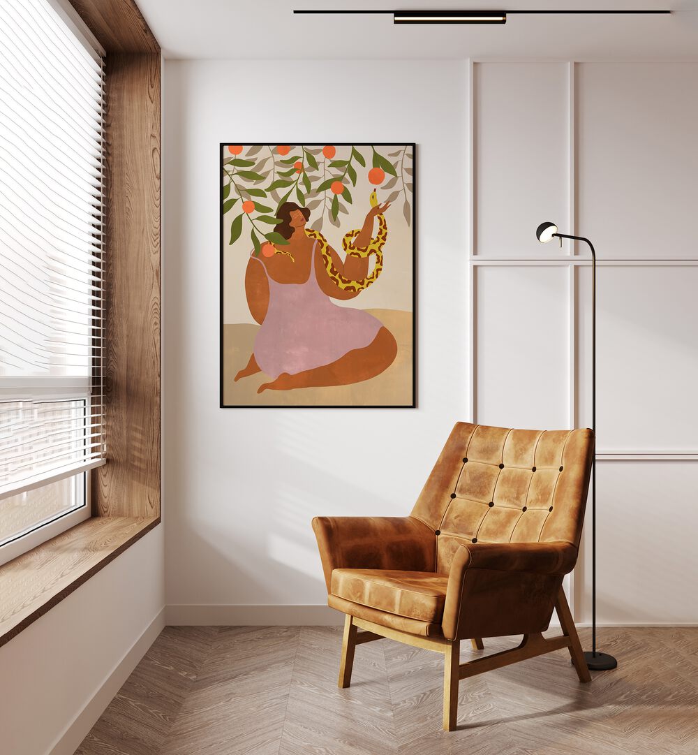 Smell The Orange By Arty Guava Wall Art Prints in Black Plain Frame placed on a Cream Colored Wall in the Drawing Room