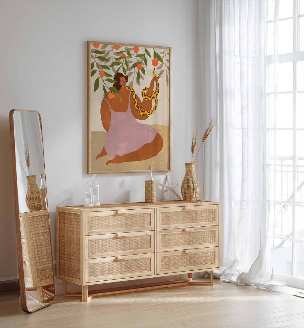 Smell The Orange By Arty Guava Wall Art Prints in Oak Wood Plain Frame placed on a White Colored Wall above a Console Table in the Drawing Room 