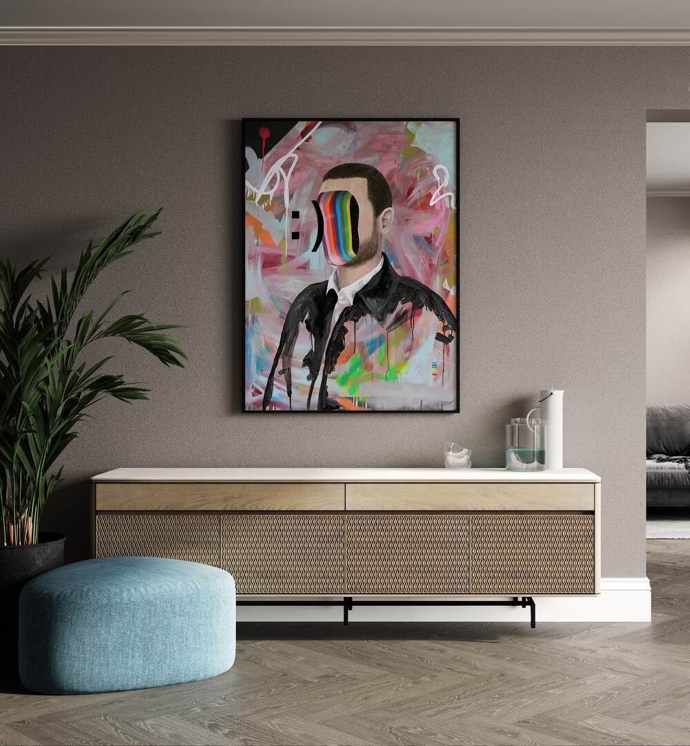 Smiley Face by Famous When Dead Pop Art Paintings Pop Art Prints in Black Plain Frame placed on a wall behind a console table