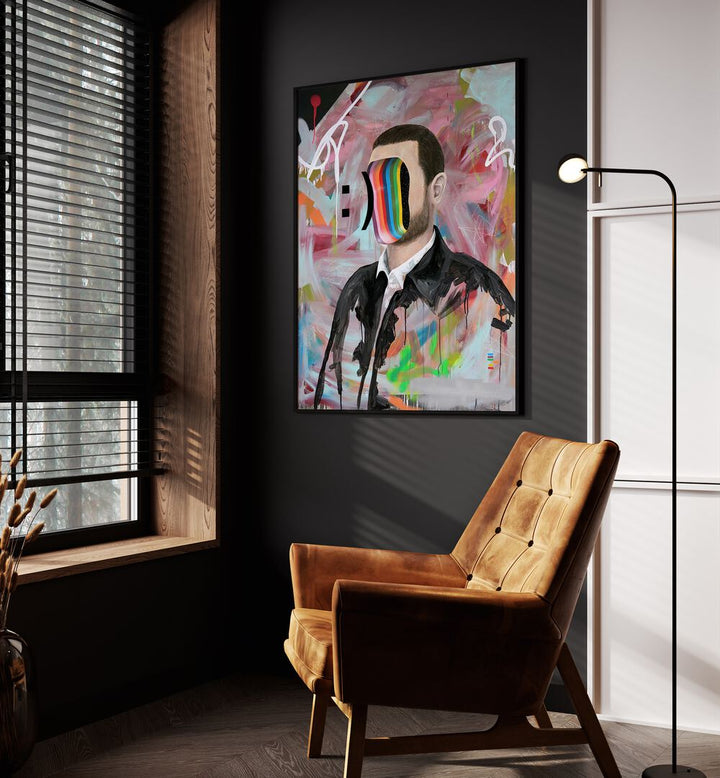 Smiley Face by Famous When Dead Pop Art Paintings Pop Art Prints in Black Plain Frame placed on a wall beside an orange sofa and a wall