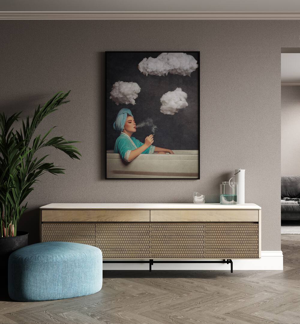 Smoke Out  Women Illustrations paintings in Black Plain Frame placed behind a console table on a wall