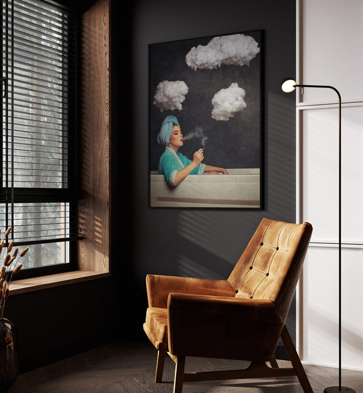 Smoke Out  Women Illustrations paintings in Black Plain Frame placed on a wall behind an orange sofa