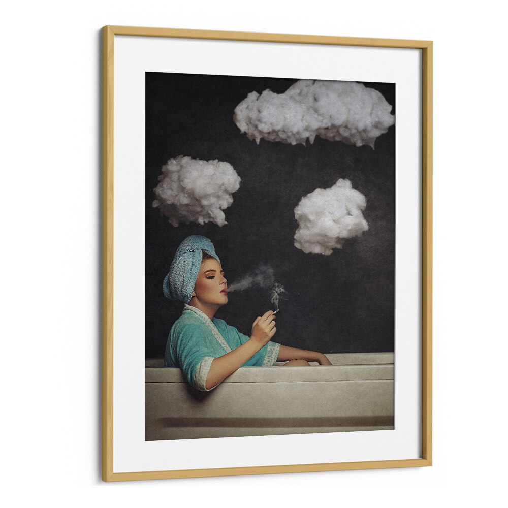 Smoke Out  Women Illustrations paintings in Oak Wood Frame With Mount