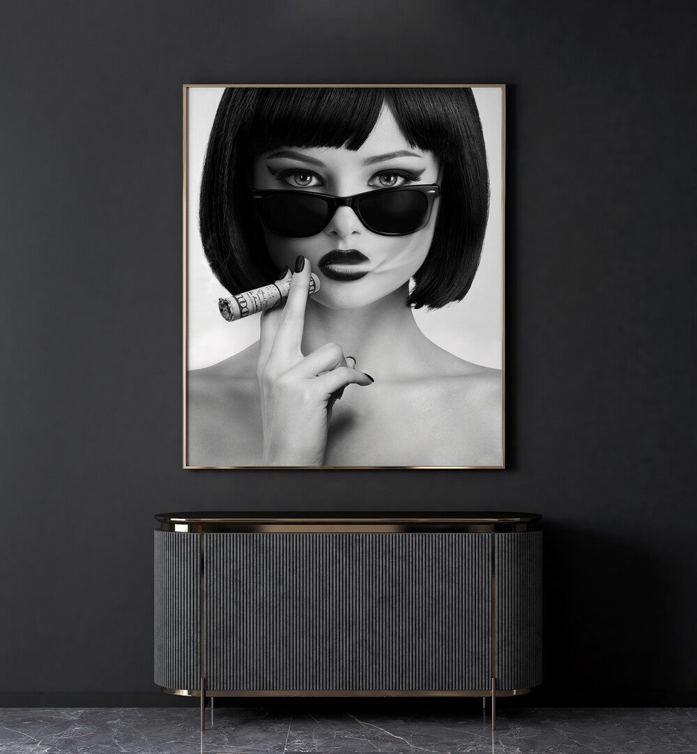 Smoke This by David Drake Fine Art Photography Fashion Photography in Oak Wood Plain Frame placed on a black wall behind a console table