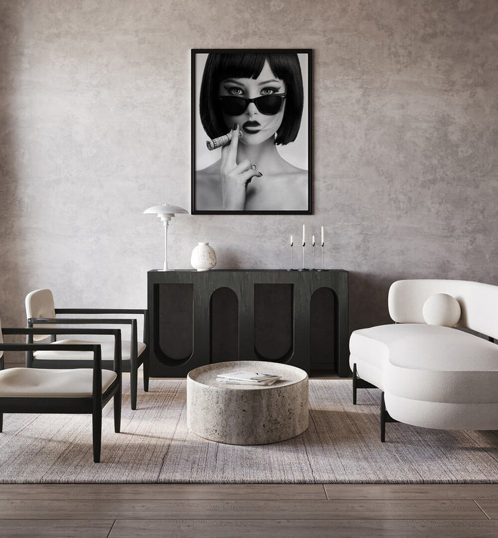 Smoke This by David Drake Fine Art Photography Fashion Photography in Black Plain Frame placed on a living room wall behind a console table