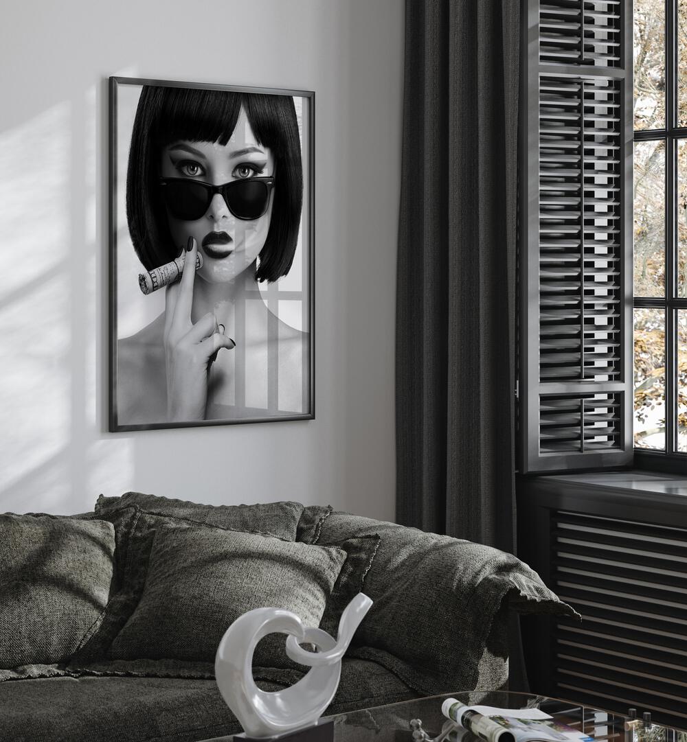 Smoke This by David Drake Fine Art Photography Fashion Photography in Black Plain Frame placed on a living room wall behind a grey sofa and beside a window