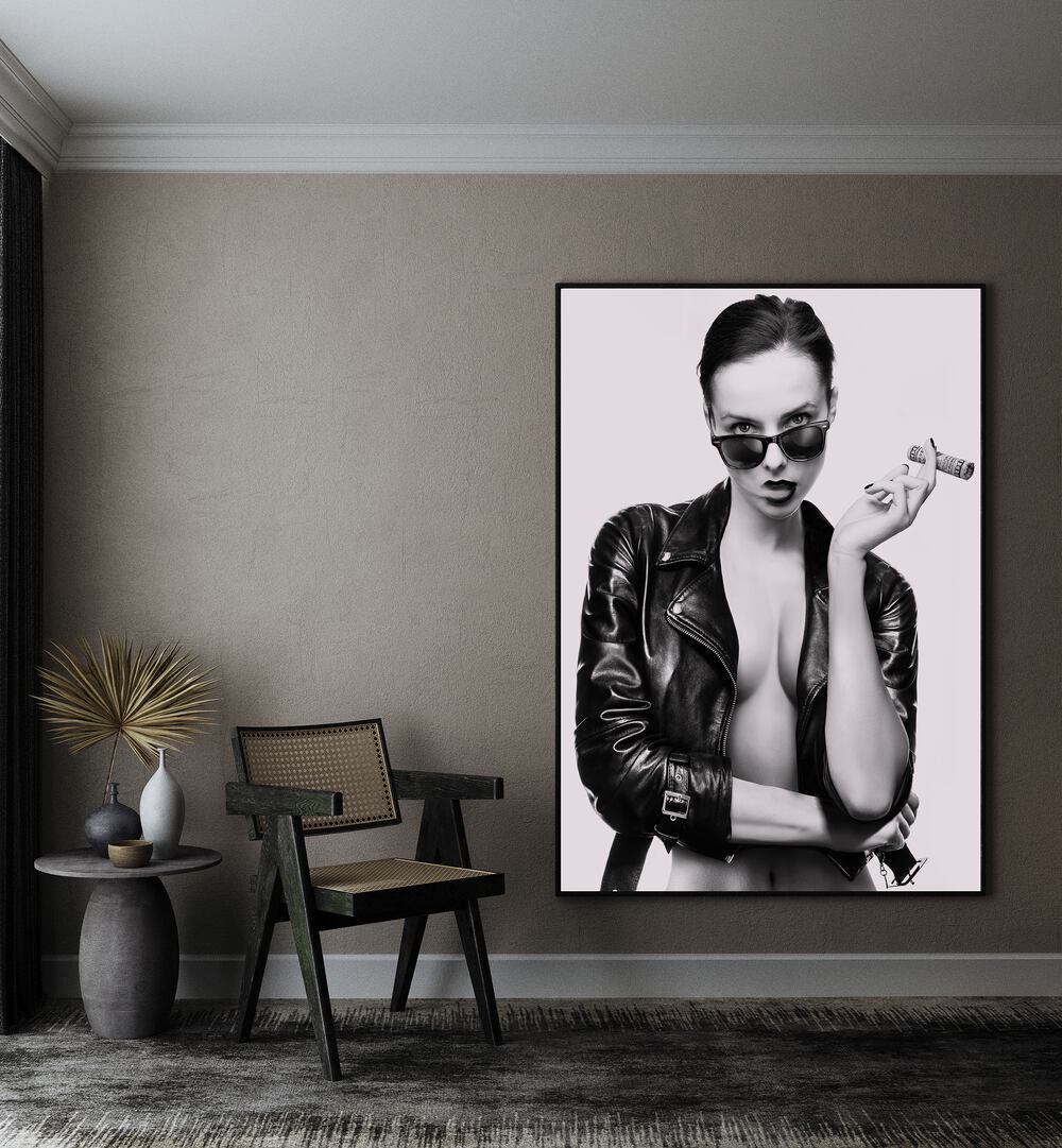 Smoke This ii by David Drake Fine Art Photography Fashion Photography in Black Plain Frame placed on a wall beside a chair