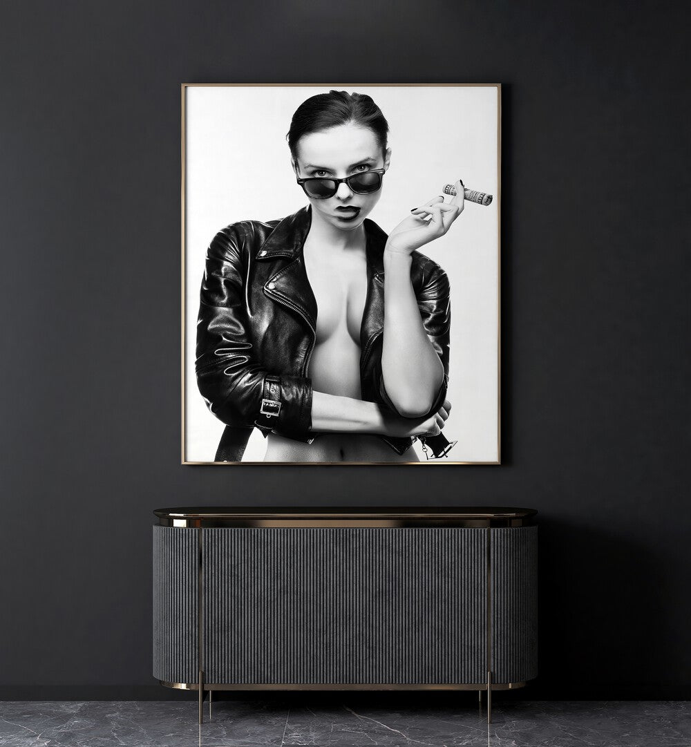 Smoke This ii by David Drake Fine Art Photography Fashion Photography in Oak Wood Plain Frame placed on a wall behind a console table