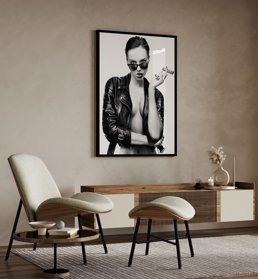 Smoke This ii by David Drake Fine Art Photography Fashion Photography in Black Plain Frame placed on a wall behind a console table