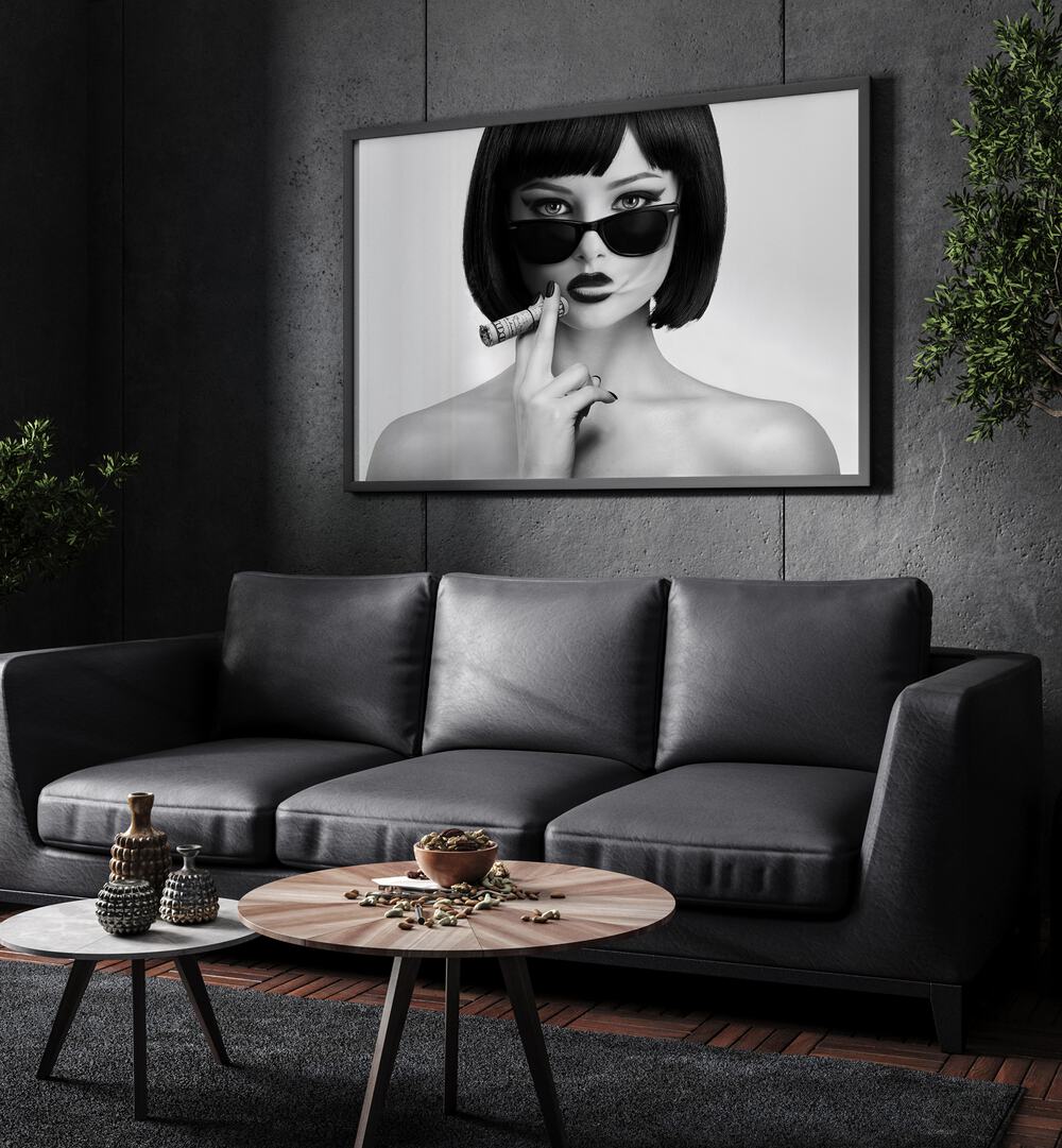 Smoke This iii by David Drake Fine Art Photography Fashion Photography in Black Plain Frame placed on a living room wall behind a sofa