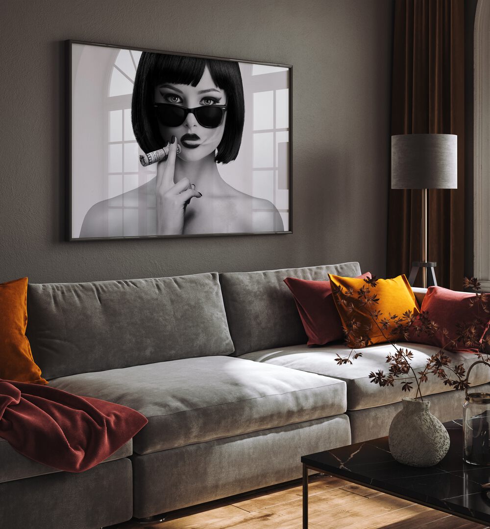 Smoke This iii by David Drake Fine Art Photography Fashion Photography in Black Plain Frame placed on a living room wall behind a sofa