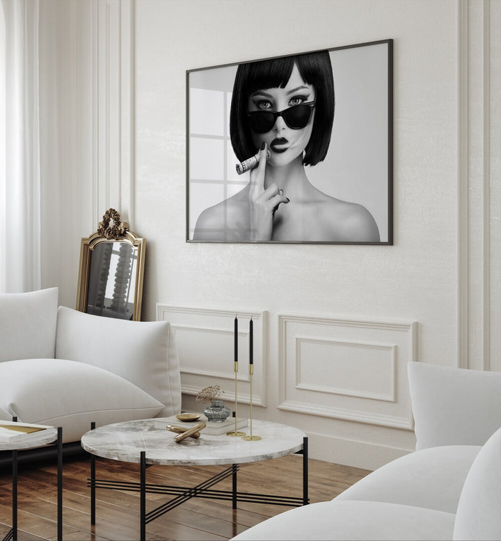 Smoke This iii by David Drake Fine Art Photography Fashion Photography in Black Plain Frame placed on a living room wall beside a sofa