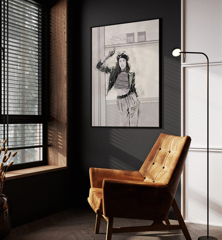 Smoking Woman I by Emel Tunaboylu Women Illustrations paintings in Black Plain Frame placed on a wall beside an orange sofa