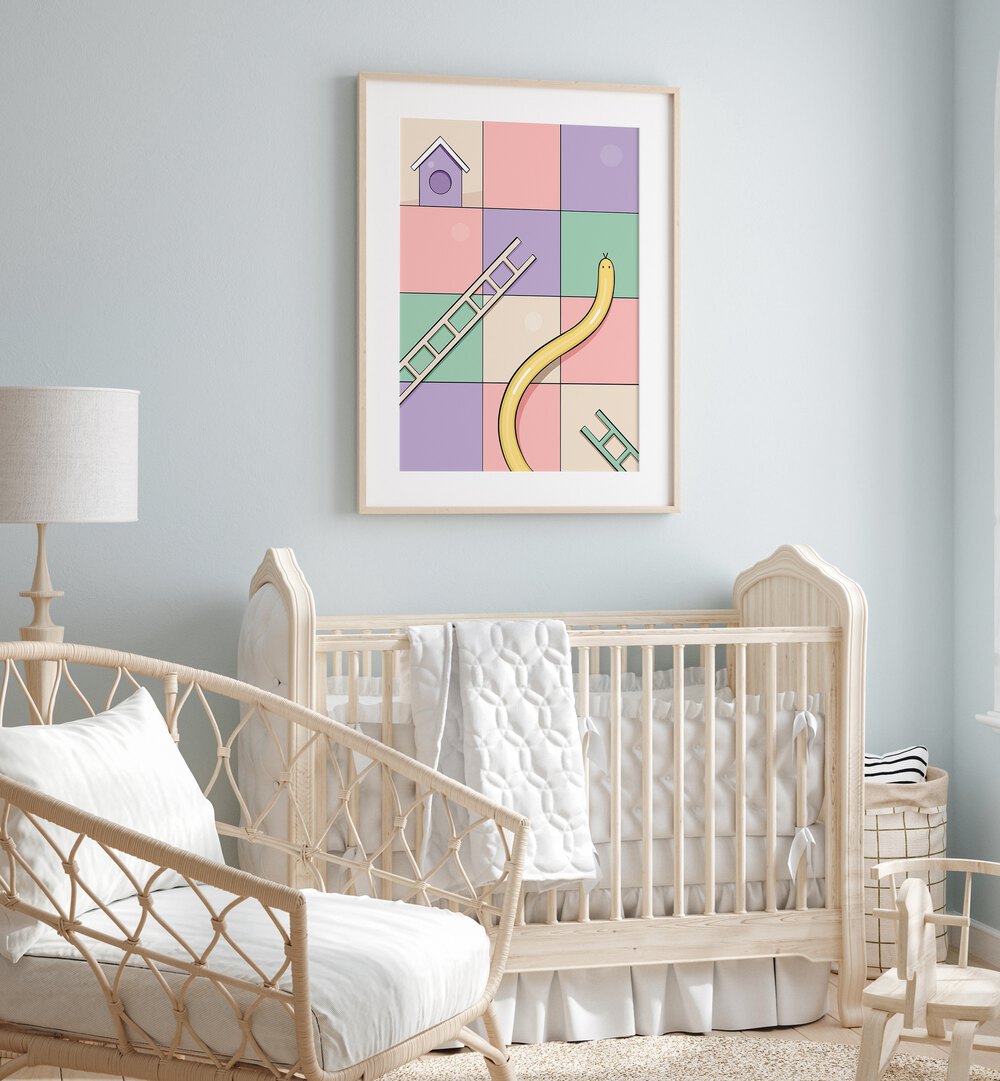 Snakes & Ladders By Samridhi Sharma Gaming Posters in Oak Wood Frame With Mount placed on a Blue Colored Wall in the Kids Room