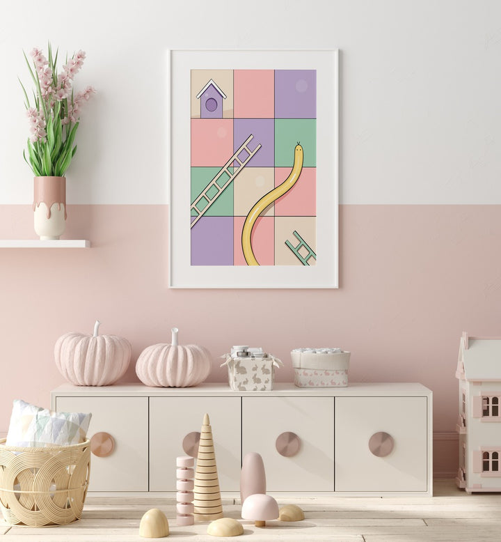 Snakes & Ladders By Samridhi Sharma Gaming Posters in White Frame With Mount in the Kids Room