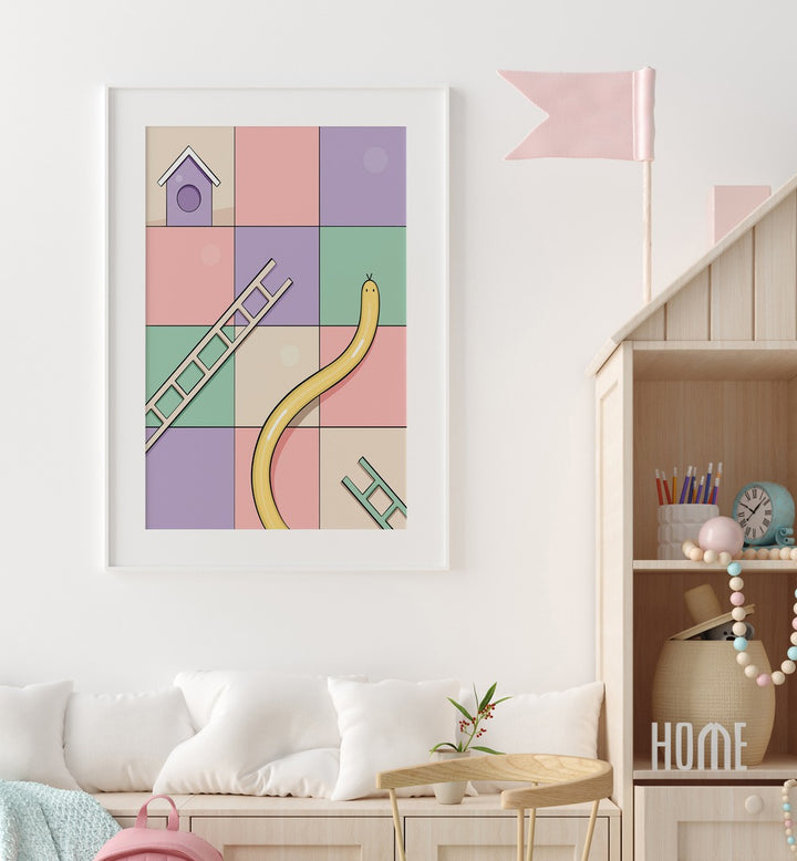 Snakes & Ladders By Samridhi Sharma Gaming Posters in White Frame With Mount placed on a White Colored Wall in the Kids Room