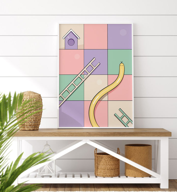 Snakes & Ladders By Samridhi Sharma Gaming Posters in White Plain Frame placed on a Table in the Alley Way