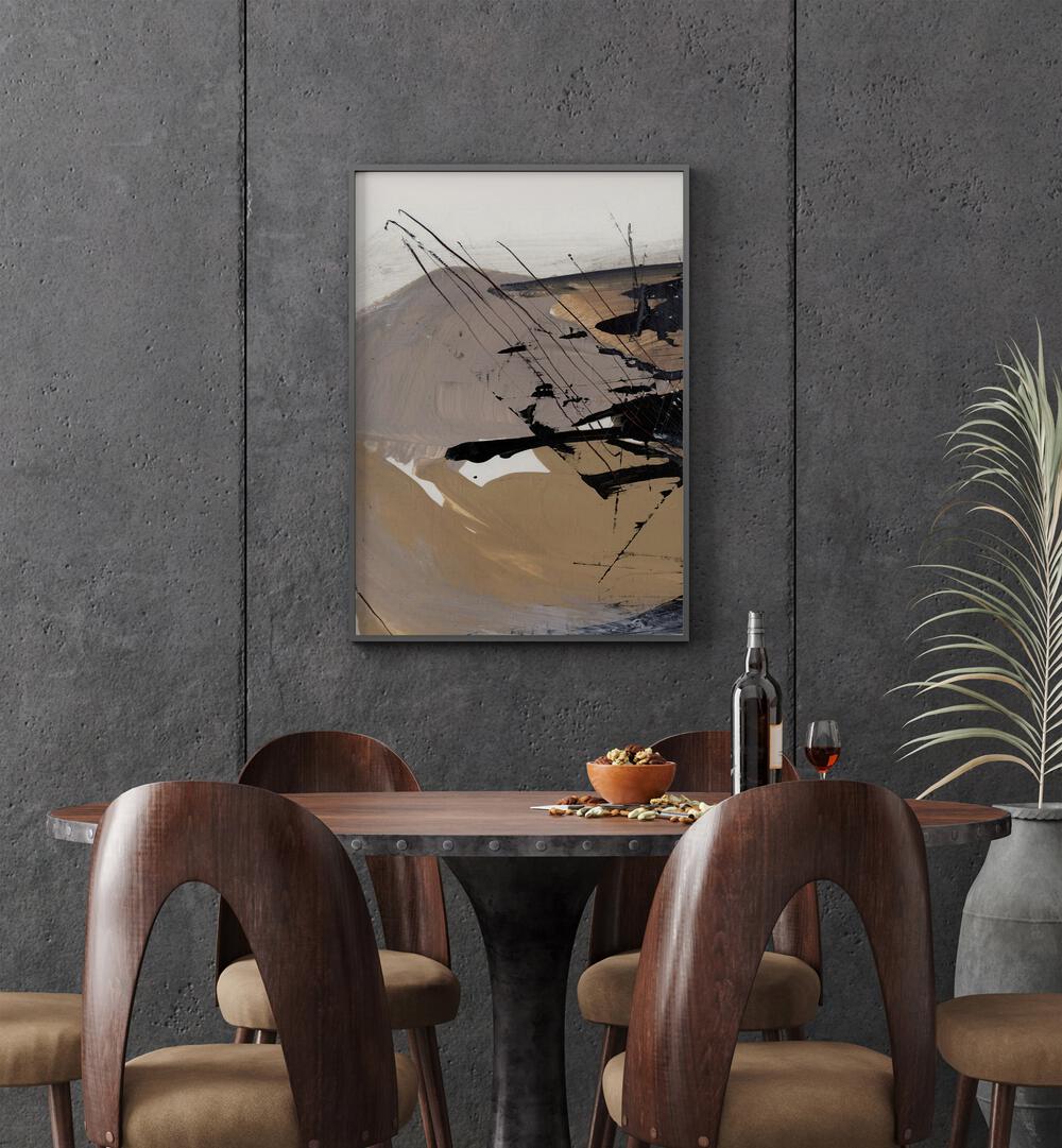 Snap I By Dan Hobday Abstract Art Abstract Paintings in Black Plain Frame placed on a Dark Grey Colored Wall near a Dining Table in the Dining Room 