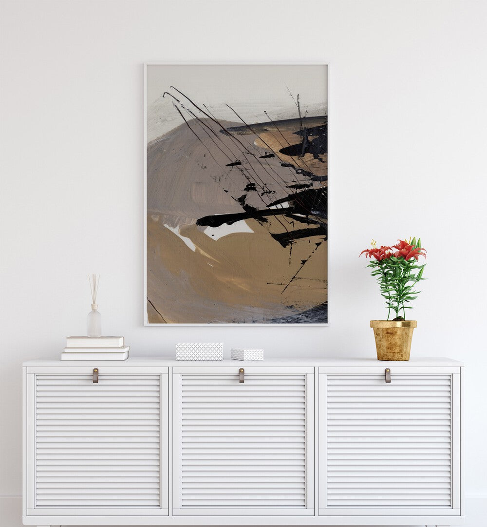 Snap I By Dan Hobday Abstract Art Abstract Paintings in White Plain Frame placed on a White Colored Wall above a Console Table 