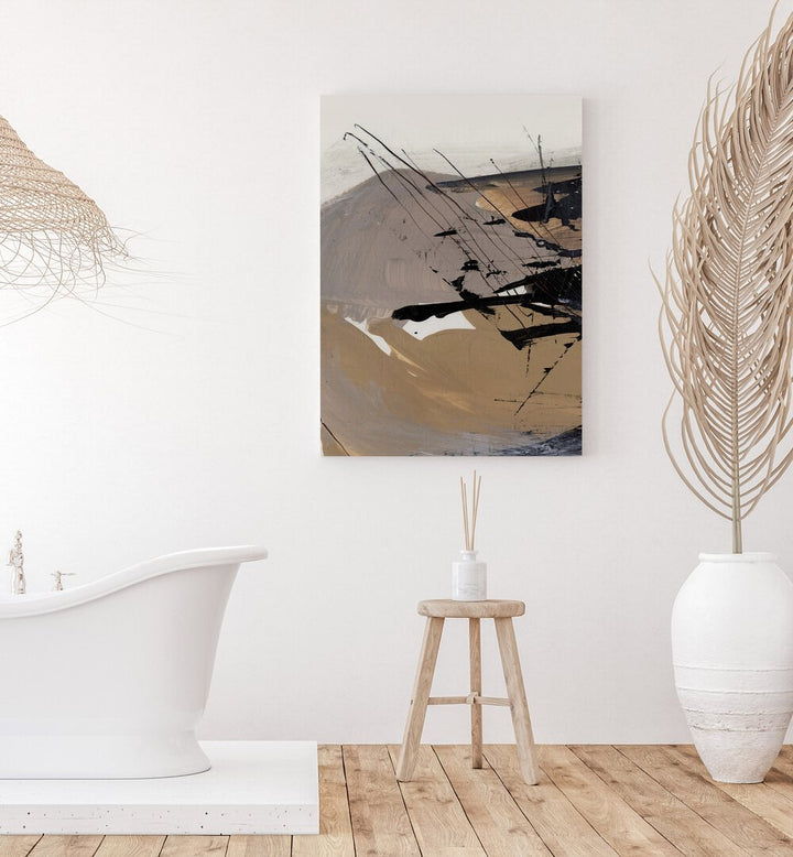 Snap I By Dan Hobday Abstract Art Abstract Paintings in Gallery Wrap placed on a White Colored Wall near a Bathtub in the Bathroom