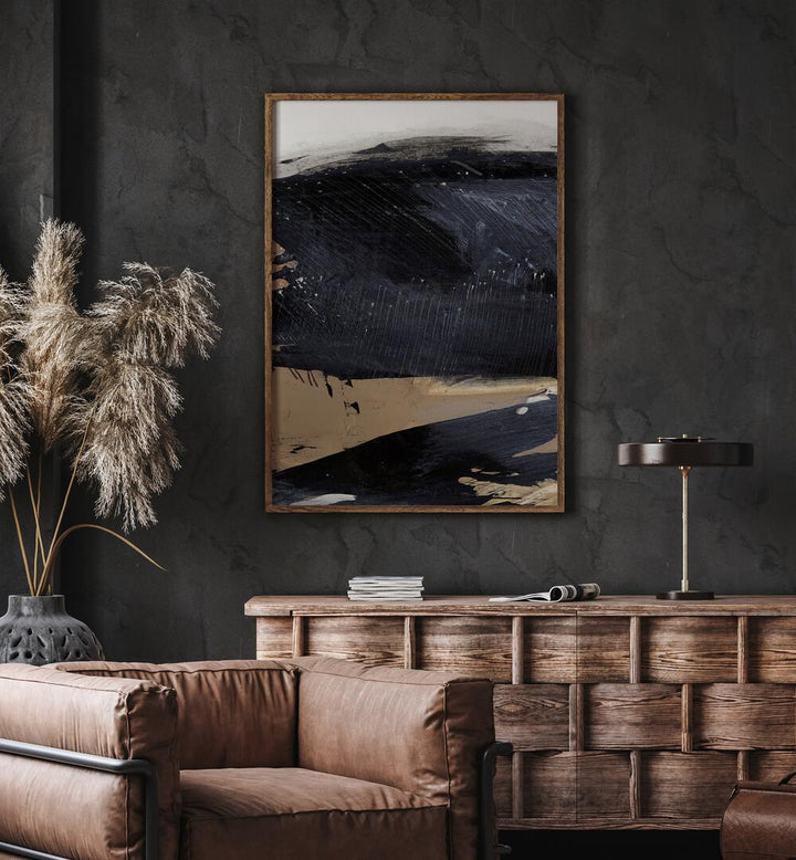 Snap II By Dan Hobday Abstract Art Abstract Paintings in Oak Wood Plain Frame placed on a Dark Grey Colored Wall above a Console Table in the Drawing Room