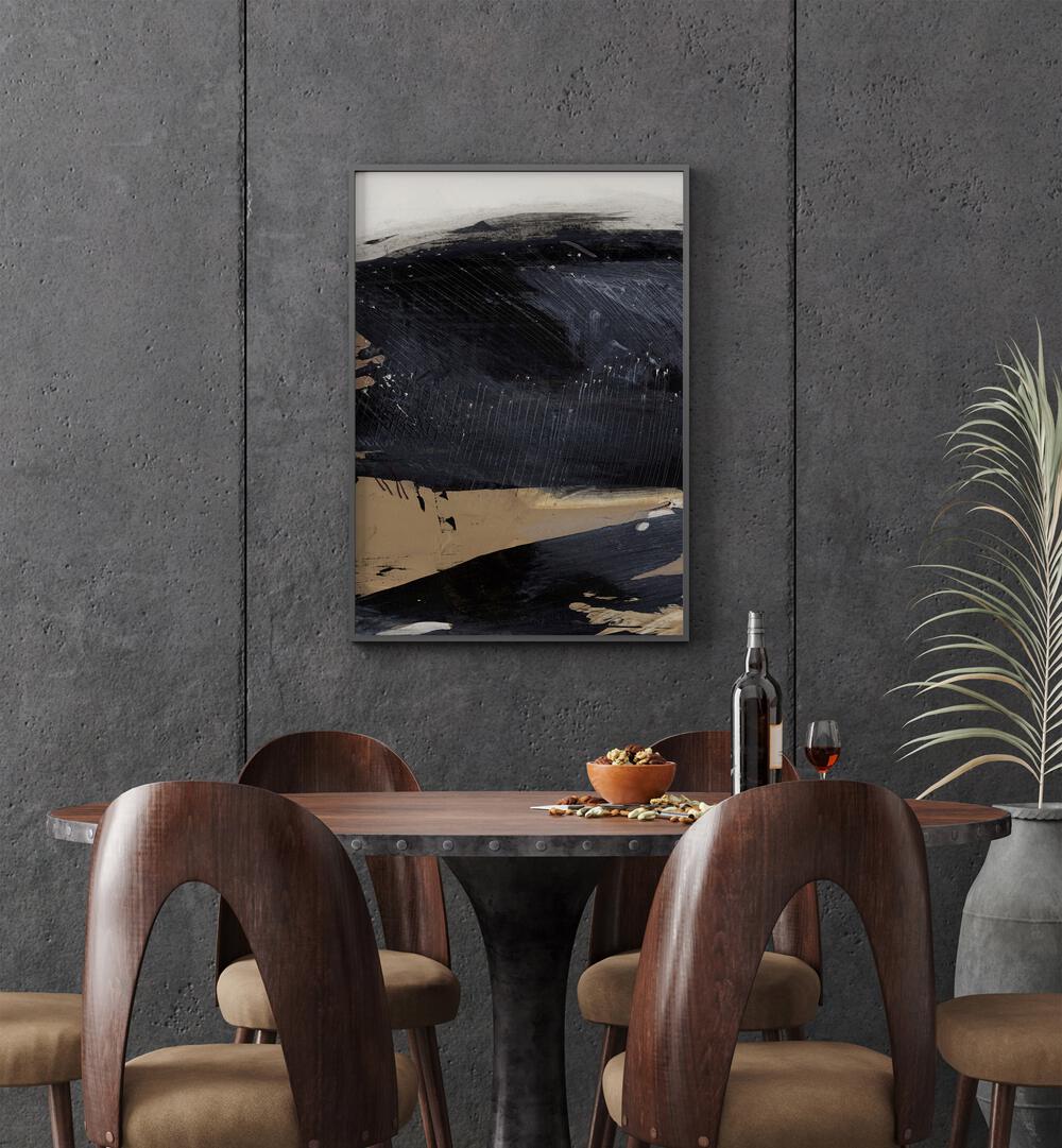 Snap II By Dan Hobday Abstract Art Abstract Paintings in Black Plain Frame placed on a Dark Grey Colored Wall near a Dining Table in the Dining Room