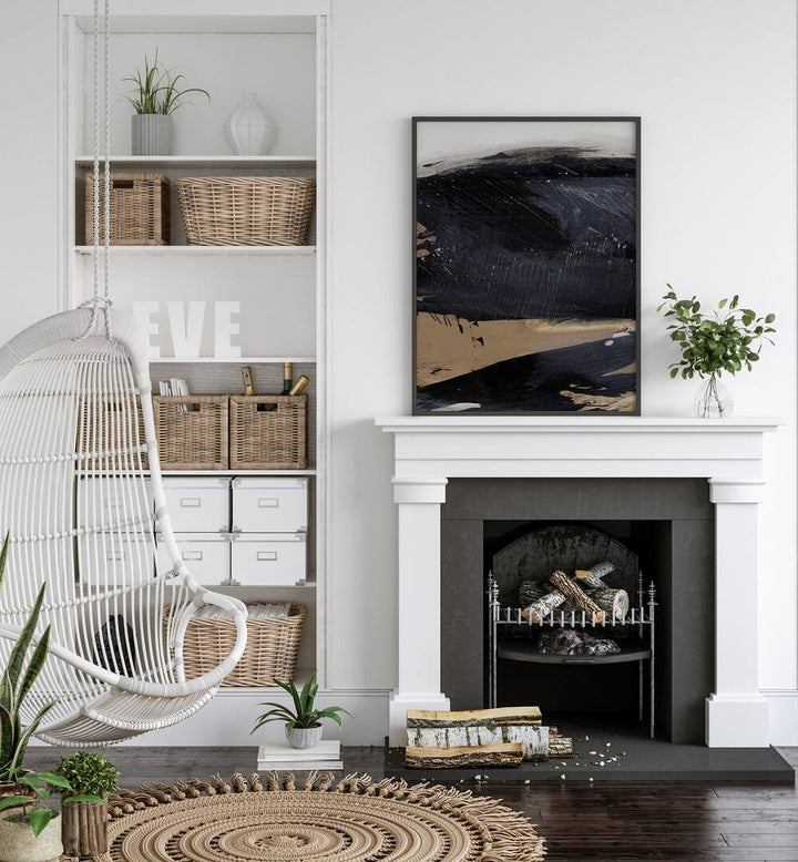 Snap II By Dan Hobday Abstract Art Abstract Paintings in Black Plain Frame placed on a White Colored Wall above a Fire Place in the Drawing Room