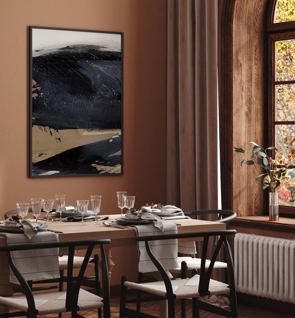 Snap II By Dan Hobday Abstract Art Abstract Paintings in Black Plain Frame placed on a Brown Colored Wall  near a Dining Table  in the Dining Room