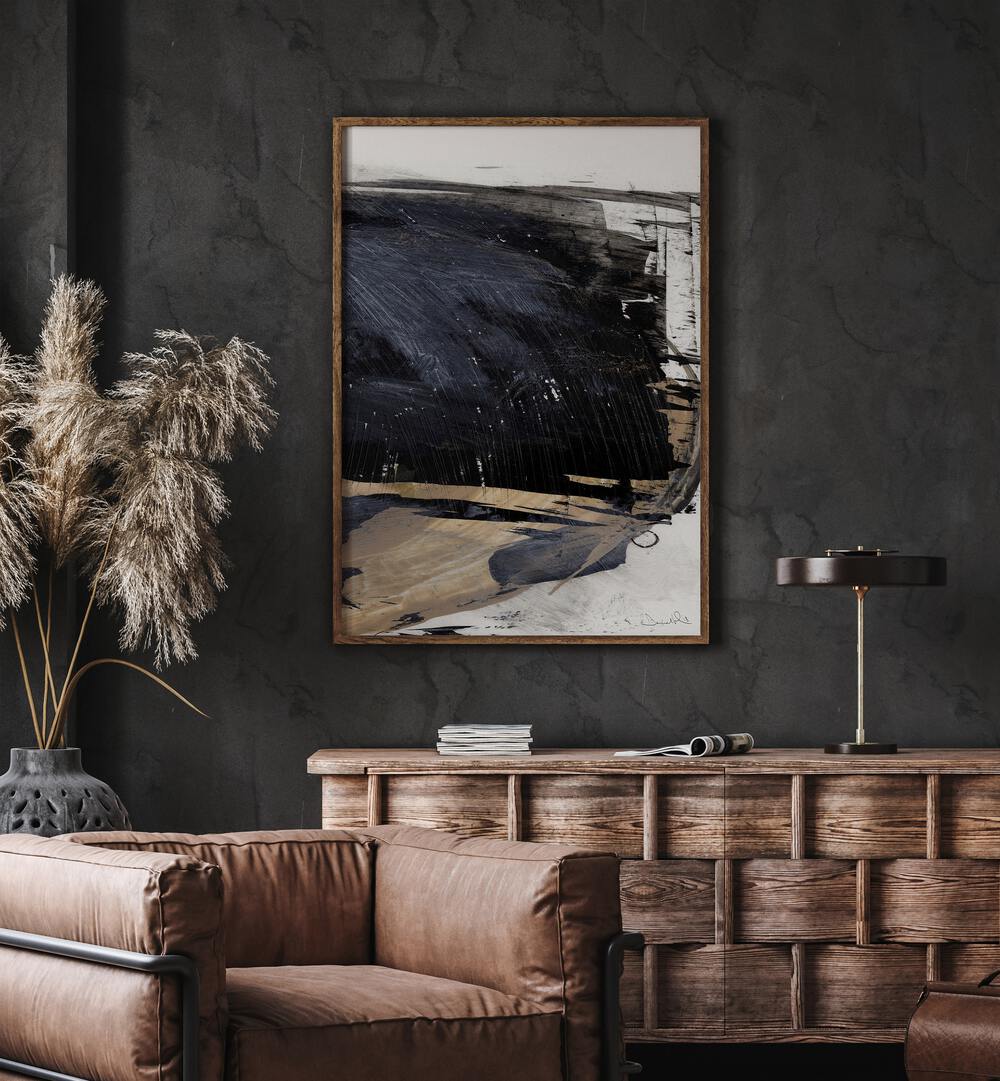 Snap III By Dan Hobday Abstract Art Abstract Paintings in Oak Wood Plain Frame placed on a Dark Grey Colored Wall above a Console Table in the Drawing Room