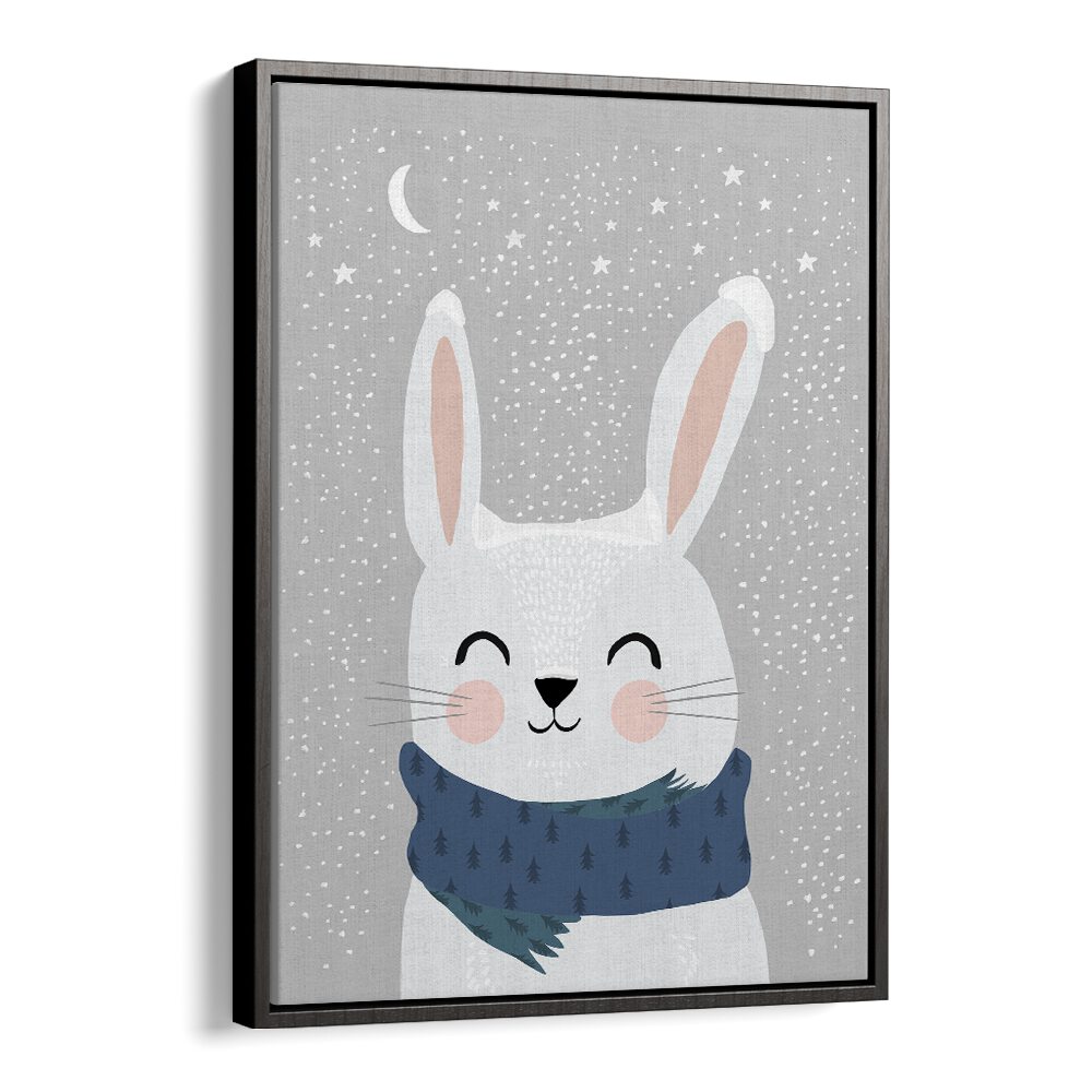 Snow Bunny by Treechild Kids Paintings in Black Floater Frame