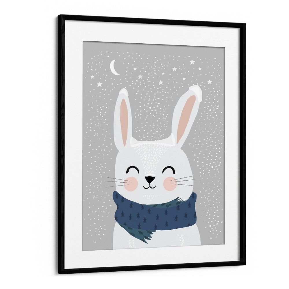 Snow Bunny by Treechild Kids Paintings in Black Frame With Mount