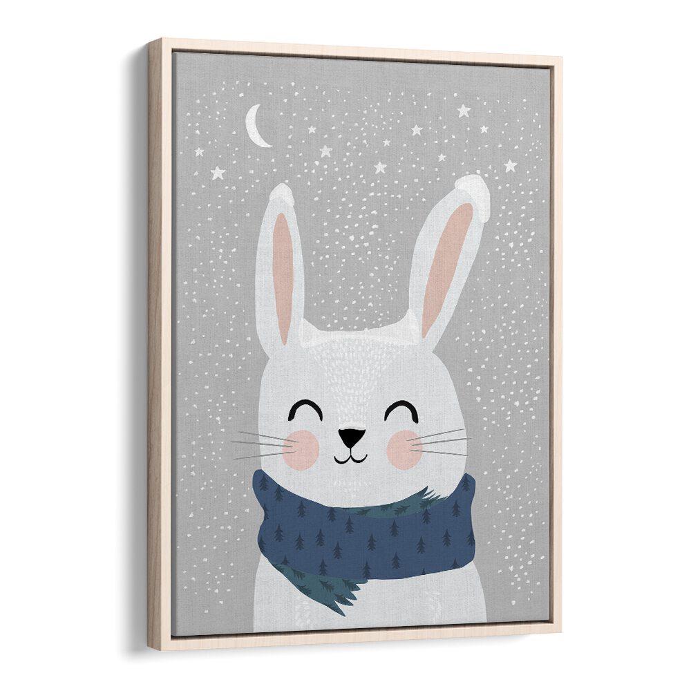 Snow Bunny by Treechild Kids Paintings in Oak Wood Floater Frame