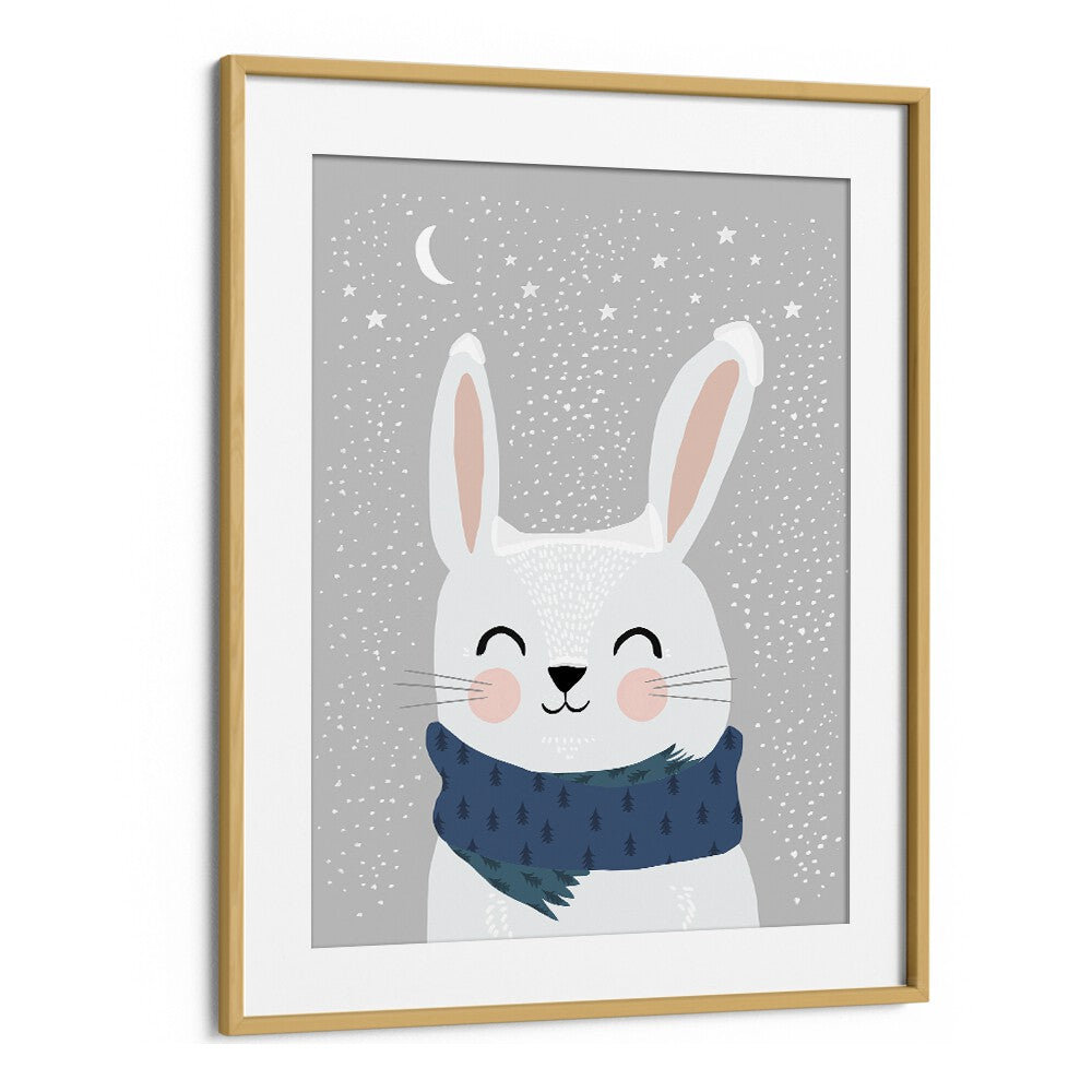 Snow Bunny by Treechild Kids Paintings in Oak Wood Frame With Mount