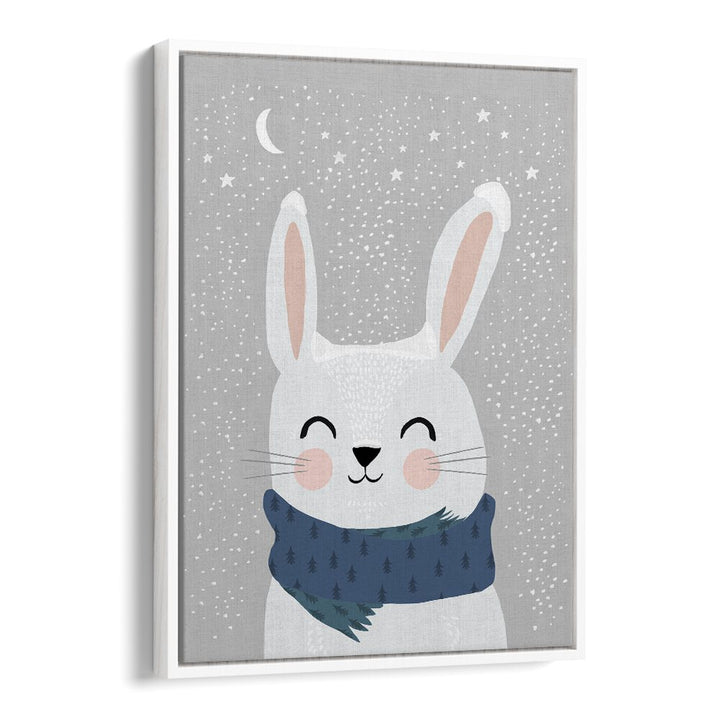 Snow Bunny by Treechild Kids Paintings in White Floater Frame